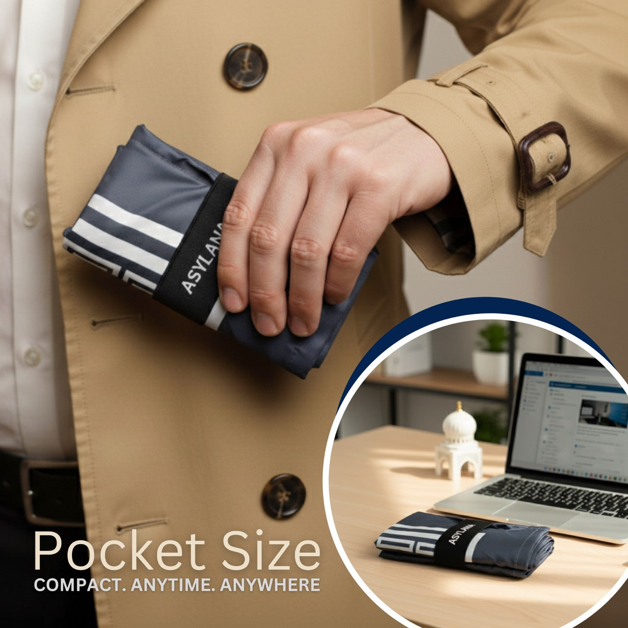 ASYLANA Travel Pocket Prayer Mat – Waterproof Lightweight Islamic Sujjada Janamaz Gray