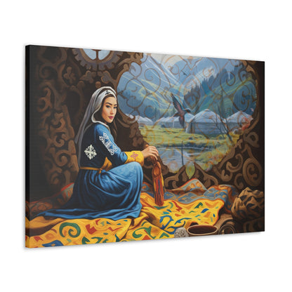 ASYLANA Kazakh Canvas Print Wrap Gallery Wall Art with Women of Kazakhstan Heritage and Nomadic Ornaments 117