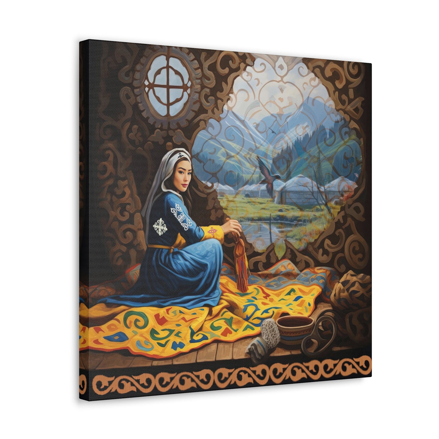 ASYLANA Kazakh Canvas Print Wrap Gallery Wall Art with Women of Kazakhstan Heritage and Nomadic Ornaments 117