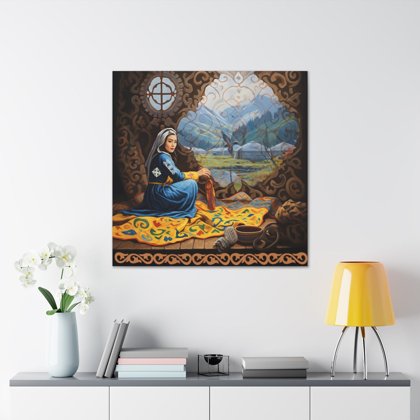 ASYLANA Kazakh Canvas Print Wrap Gallery Wall Art with Women of Kazakhstan Heritage and Nomadic Ornaments 117