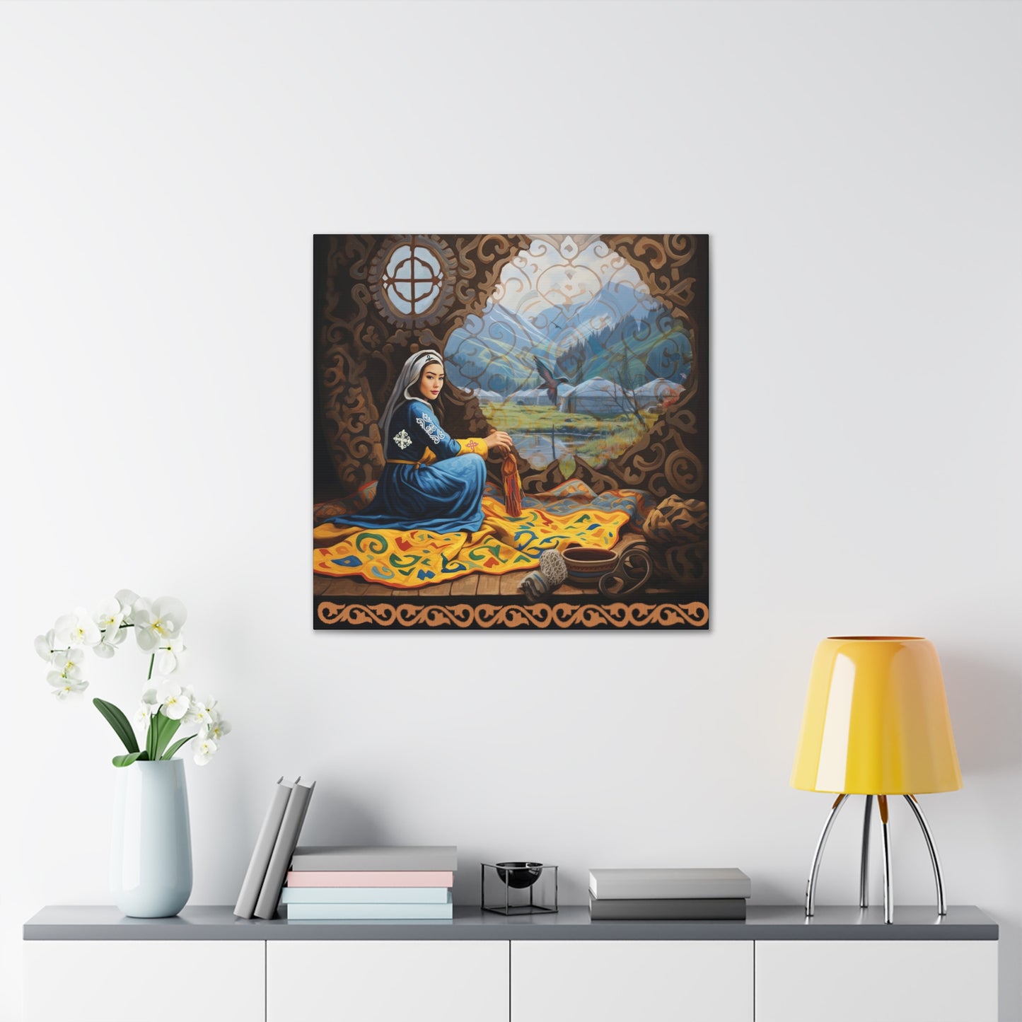 ASYLANA Kazakh Canvas Print Wrap Gallery Wall Art with Women of Kazakhstan Heritage and Nomadic Ornaments 117