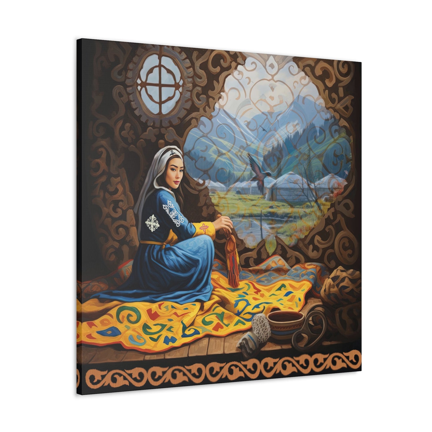 ASYLANA Kazakh Canvas Print Wrap Gallery Wall Art with Women of Kazakhstan Heritage and Nomadic Ornaments 117