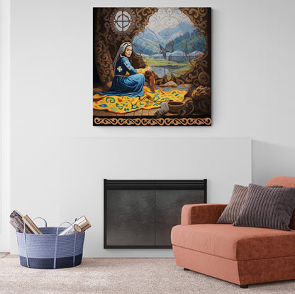 ASYLANA Kazakh Canvas Print Wrap Gallery Wall Art with Women of Kazakhstan Heritage and Nomadic Ornaments 117